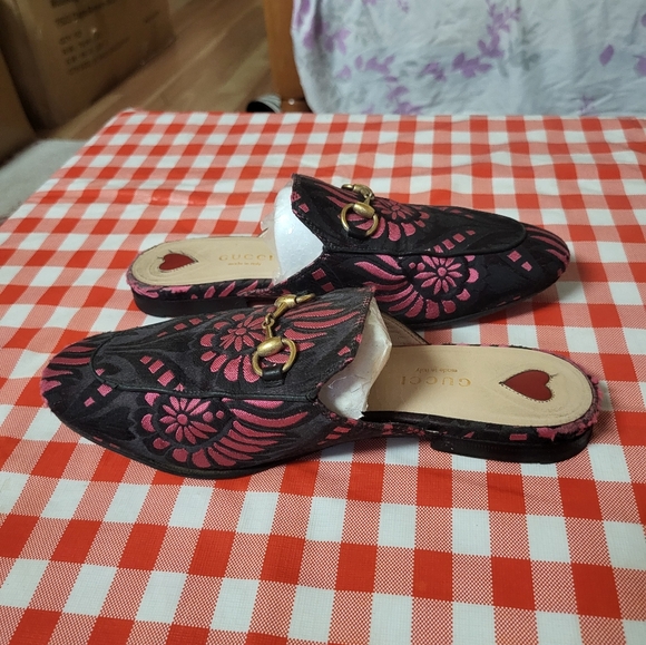 Gucci Black/Pink Printed Fabric Princetown Flat Mules Size 36 - Picture 5 of 11